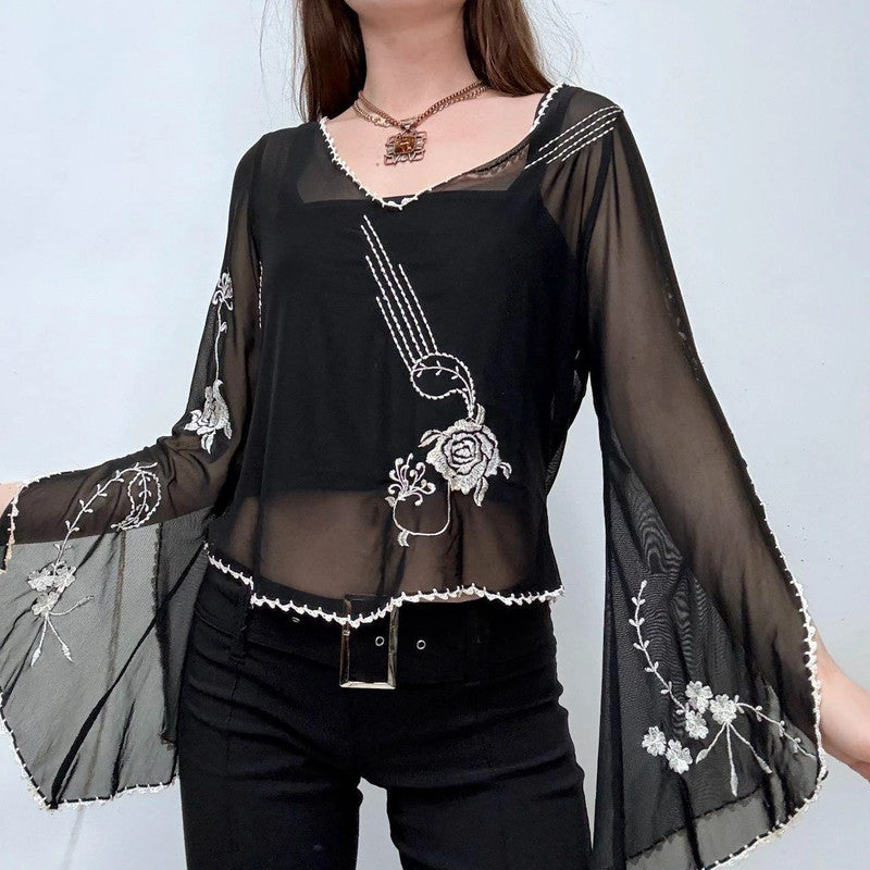 sheer flared embroidered gothic fairy shirt