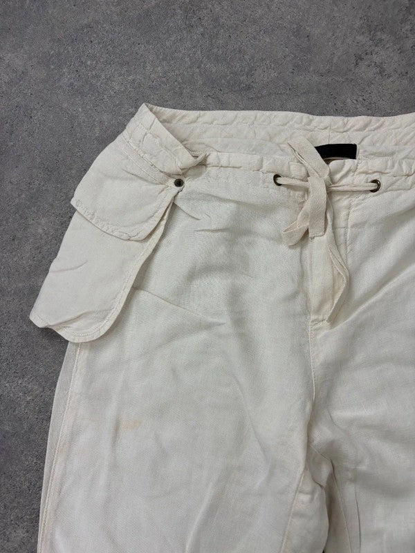 white linen flared utility button trousers