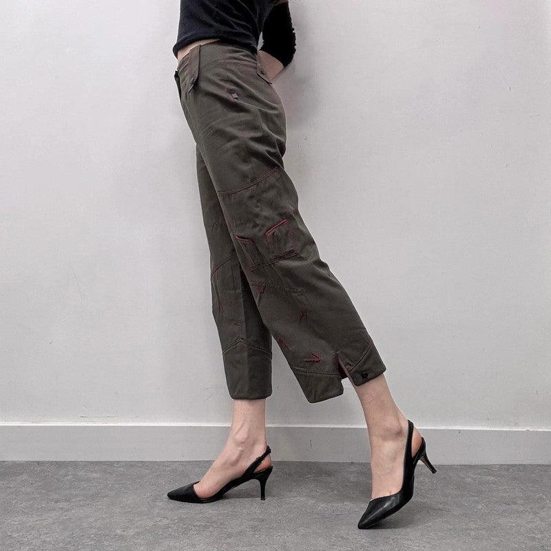 khaki cropped cargo wide-leg trousers
