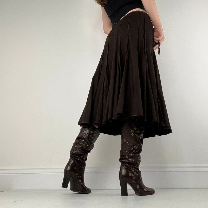 Brown pleated flared layered midi skirt