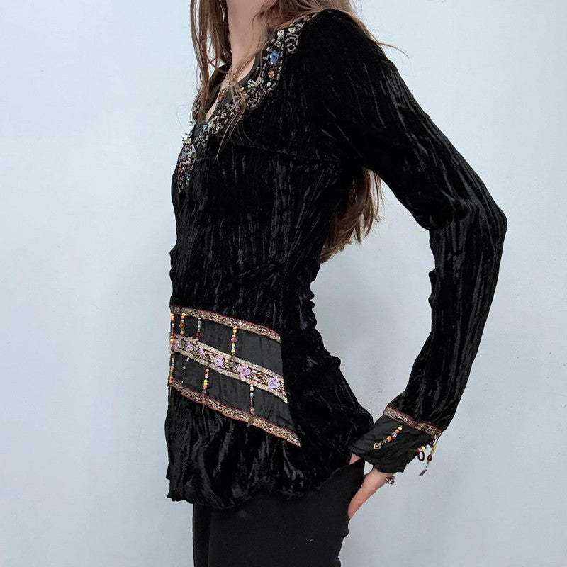 black crinkle velvet boho flare top