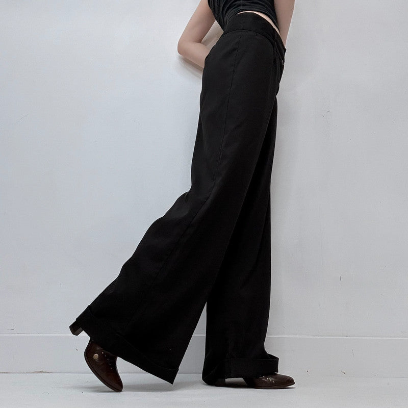 flared black wide leg trousers