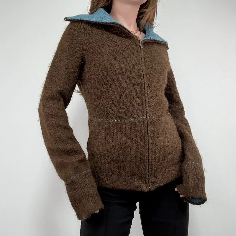 brown knit flared zip through cardigan