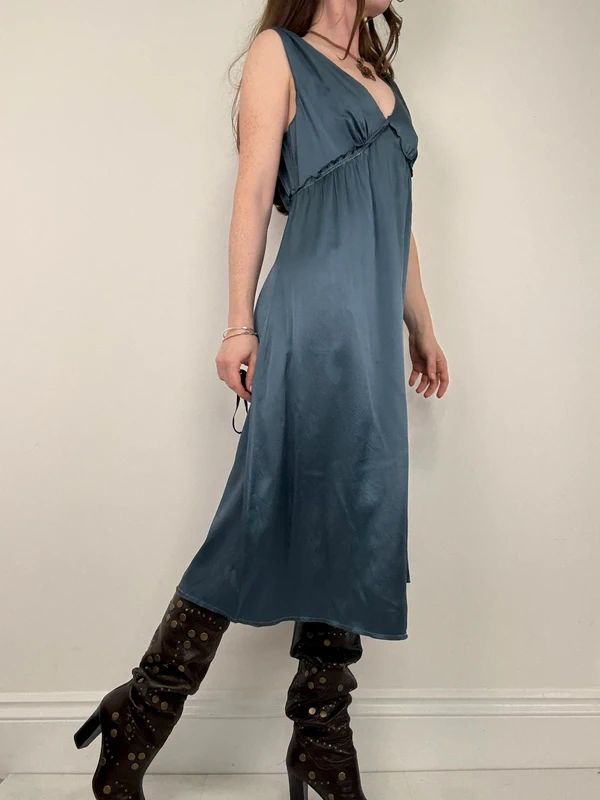 blue silk gathered floaty bias cut midi dress