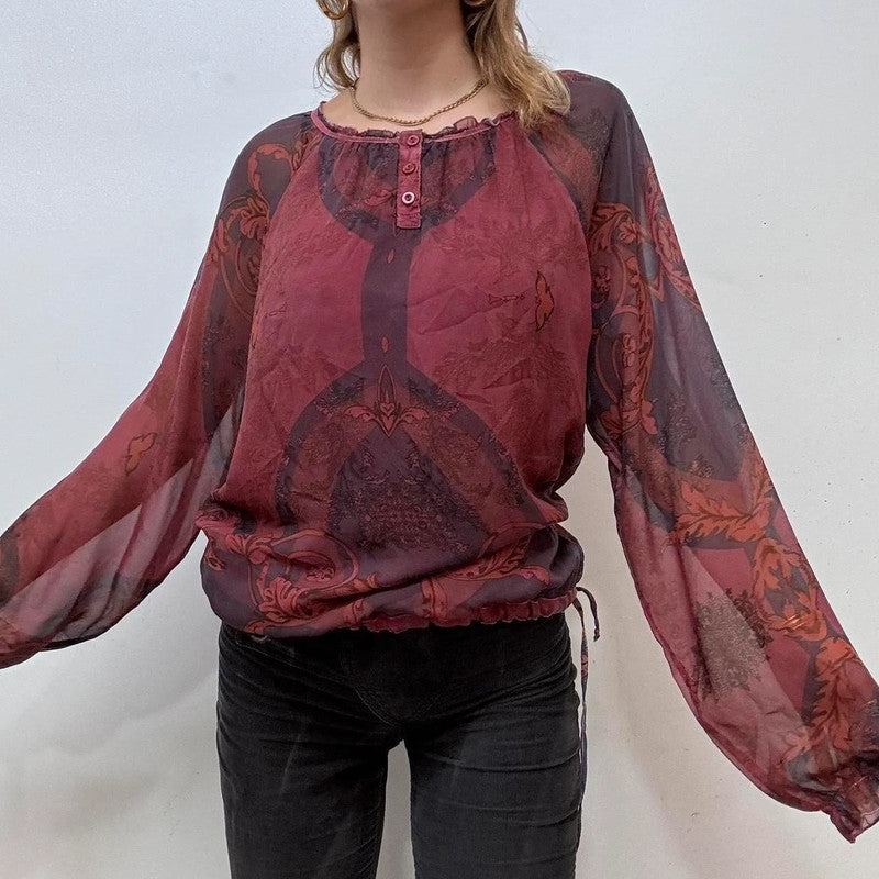 sheer red paisley boho shirt