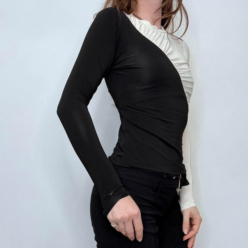 asymmetric black and white ruched t-shirt