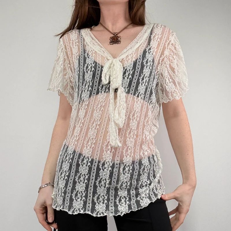 sheer cream lace floral mesh bow top