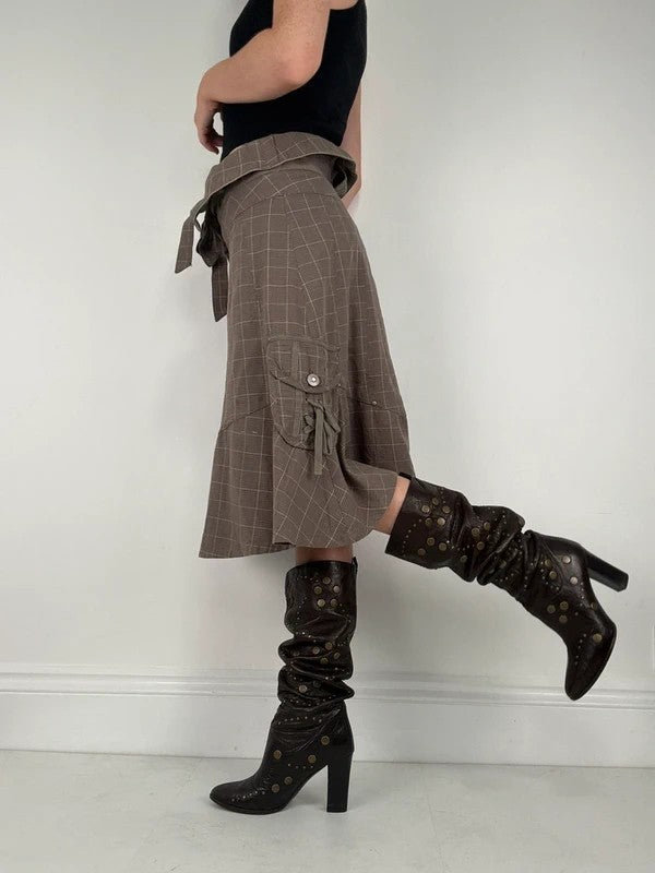 brown tartan low rise flared midi skirt