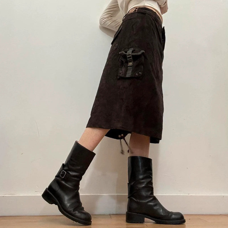brown suede cargo midi skirt
