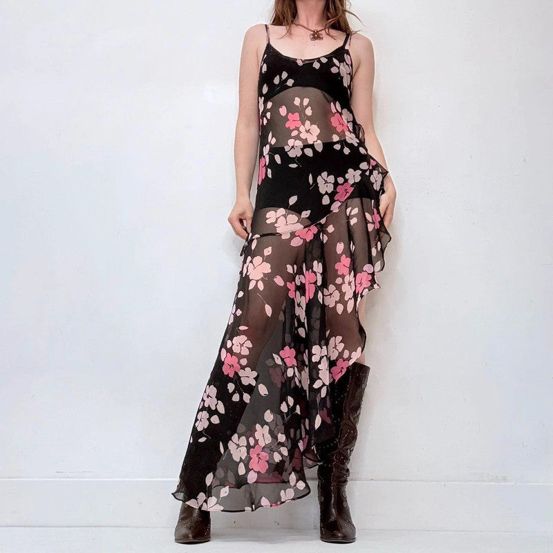 sheer black asymmetrical ruffle dress