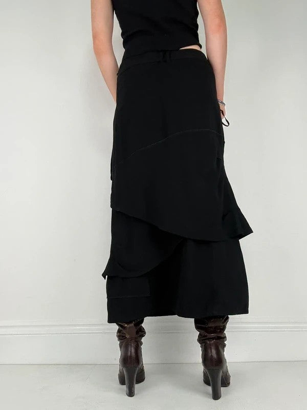 Black layered french flared asymmetric maxi skirt