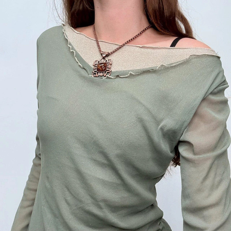 sheer layered khaki green slash neck long sleeve t-shirt