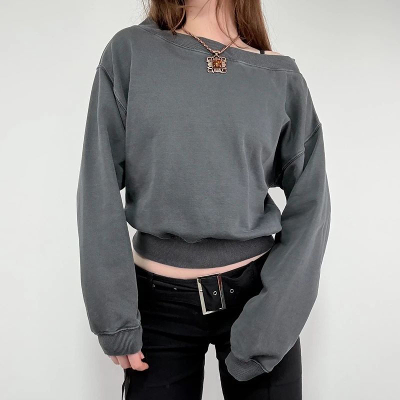 grey slash neck cropped sweater