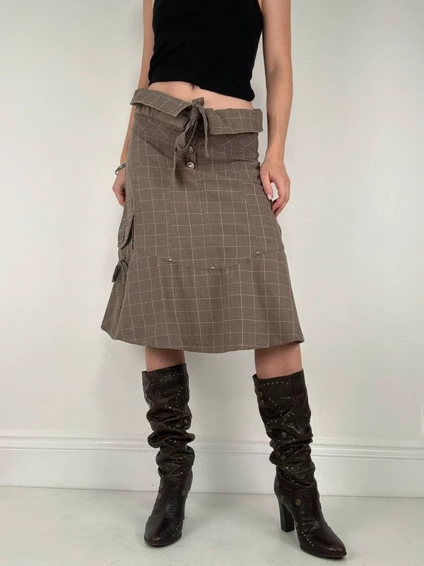 brown tartan low rise flared midi skirt