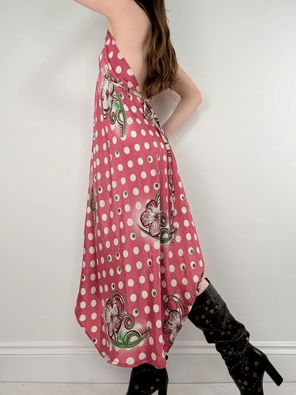 pink polkadot handkerchief maxi dress