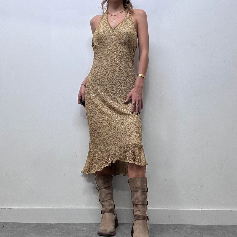 gold beaded silk halter neck midi dress