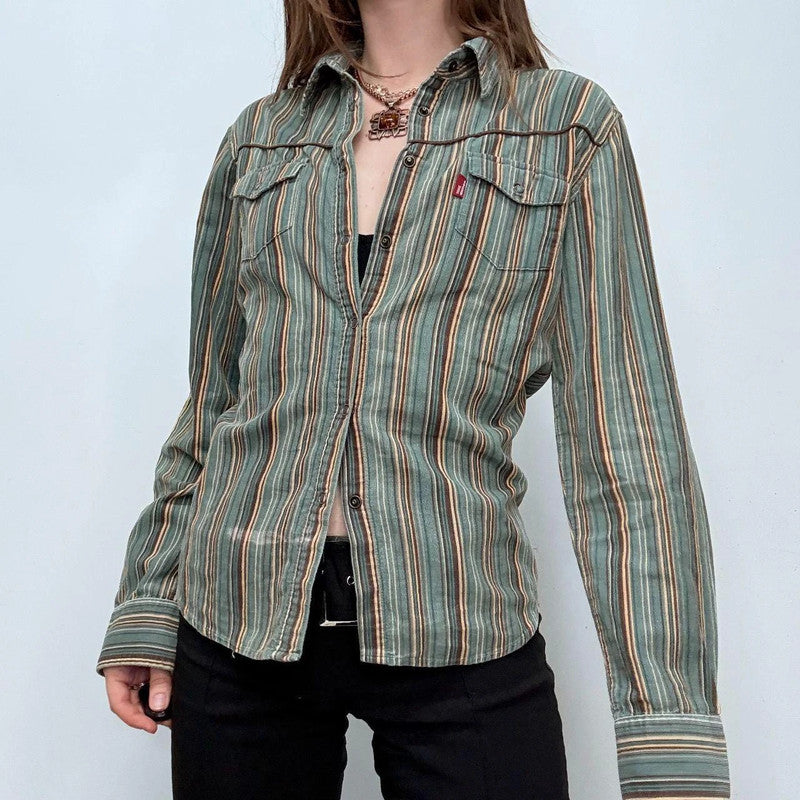 pinstripe khaki flared shirt