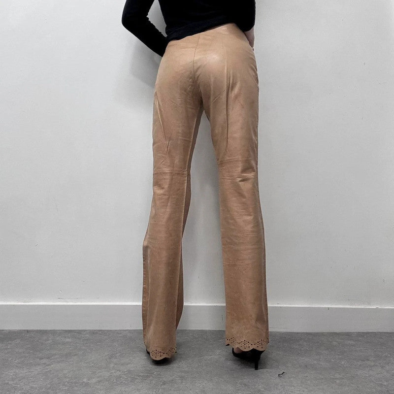 tan leather flared trousers