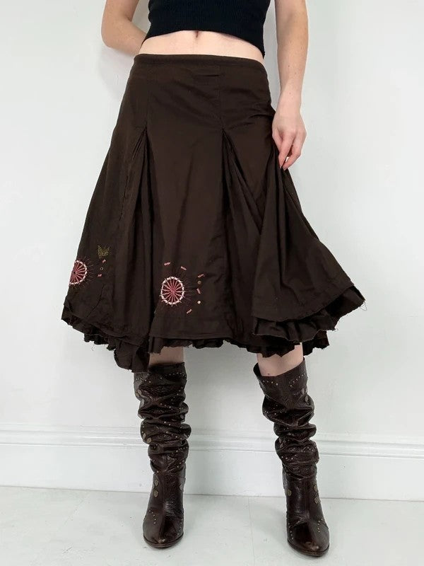 Brown cotton pleated flare boho floral skirt