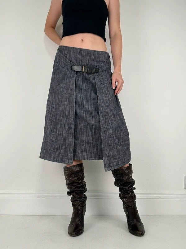 Pleated buckle front denim grunge midi skirt