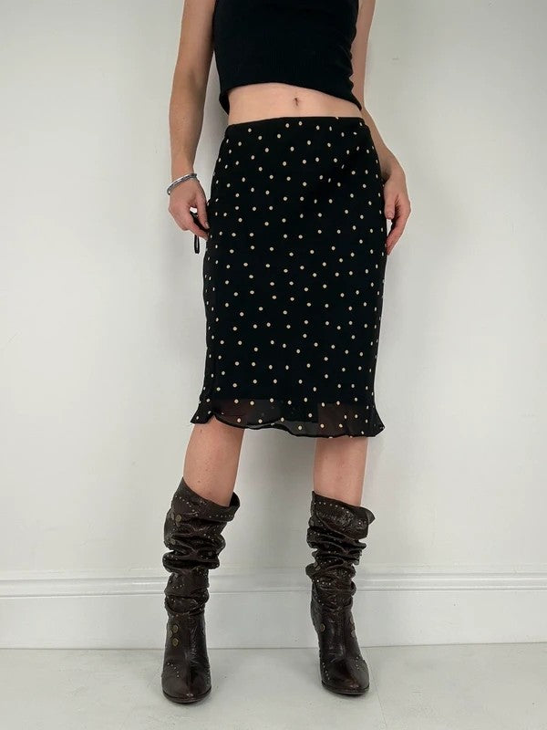 Black and white polkadot flutter midi skirt