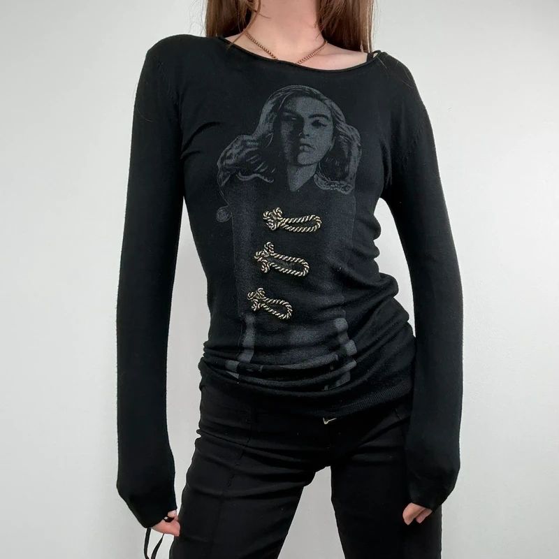 black long sleeve printed nepolion detailed t-shirt