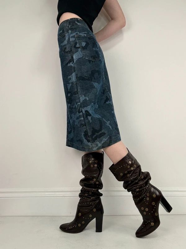 dark denim camo printed midi skirt