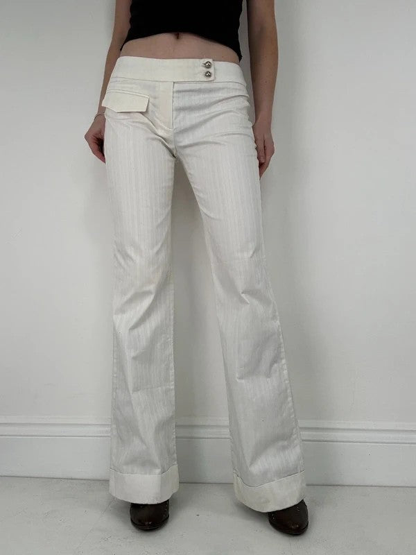 Lot rise white cotton pinstripe flared trousers