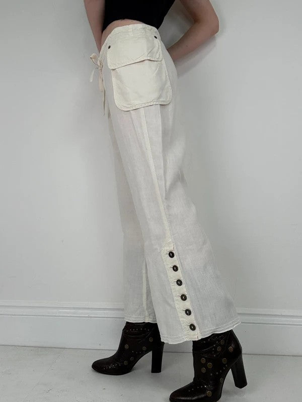 white linen flared utility button trousers