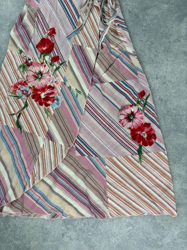 pink pinstripe flared ruffle maxi dress