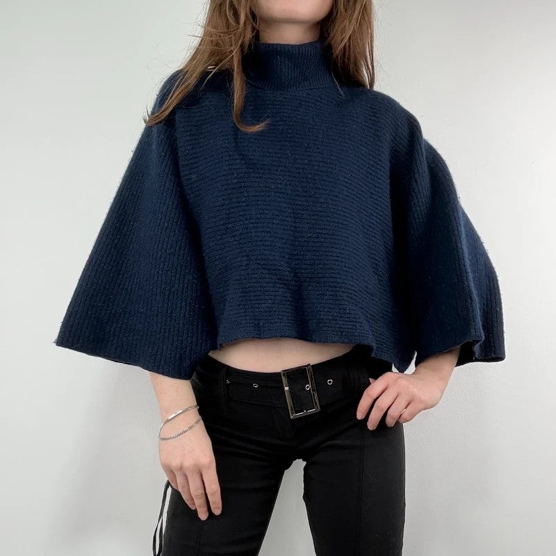 blue wool ribbed cape batwing jumper