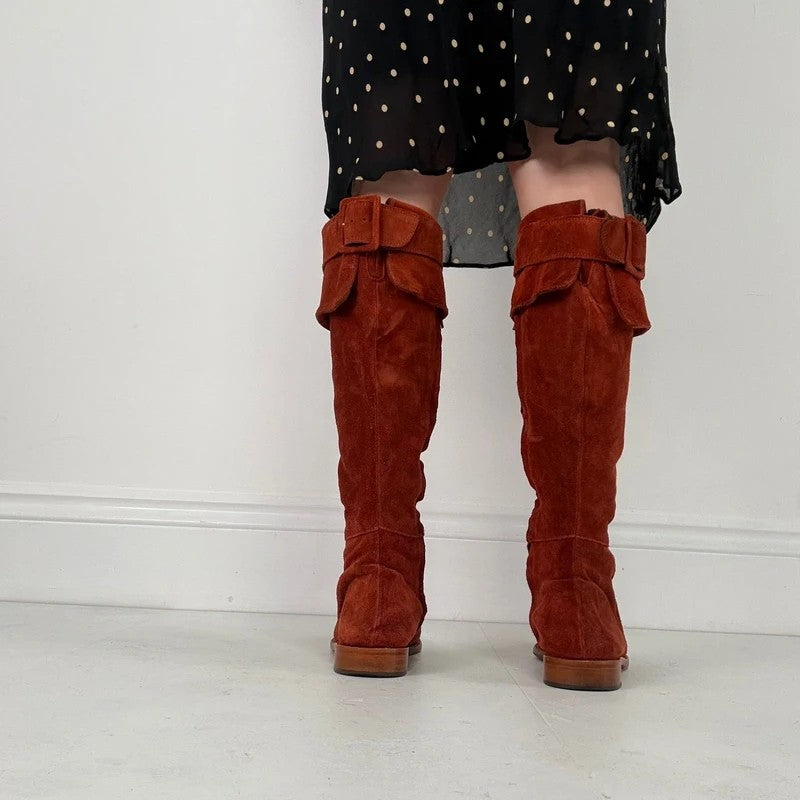 Pointed toe burnt orange suede buckle 70s boots