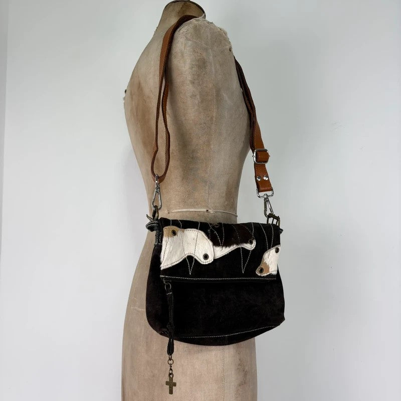 brown suede cowhide leather patchwork bag