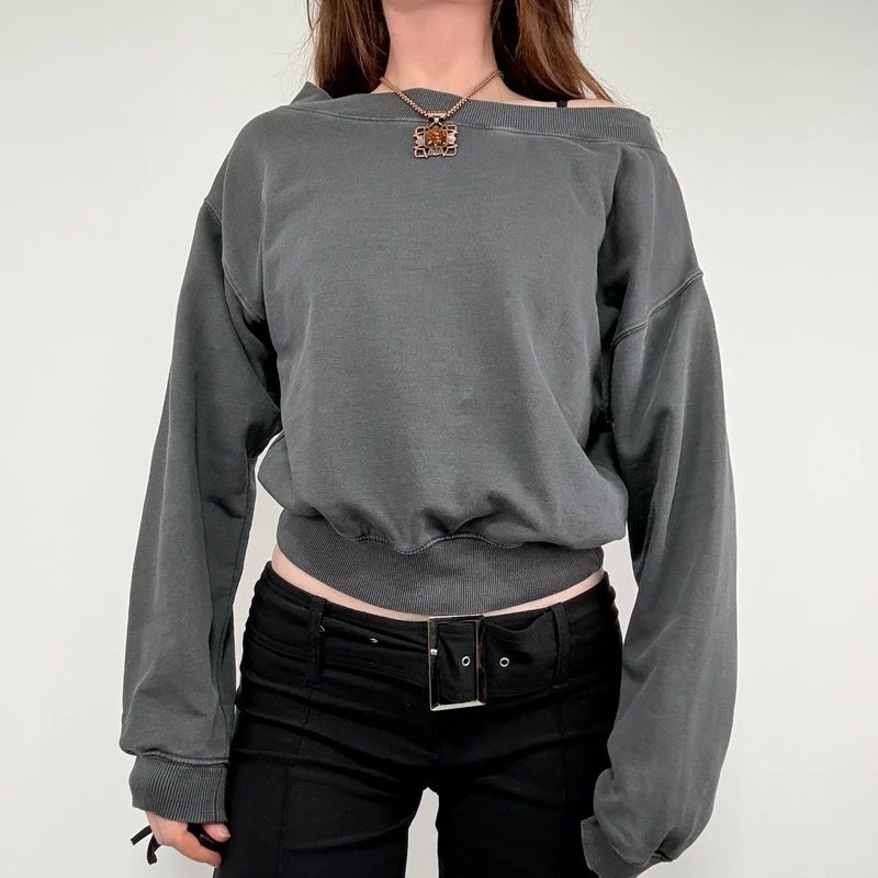 grey slash neck cropped sweater