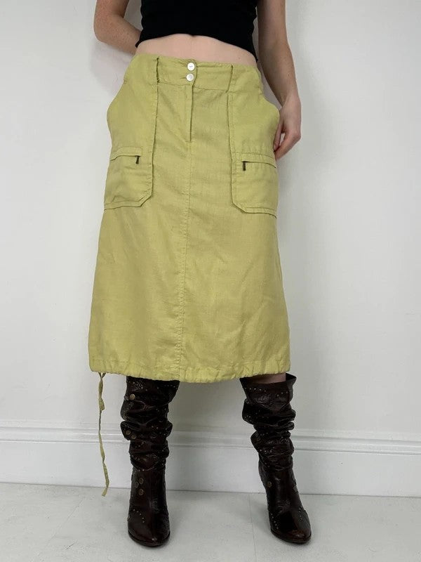 green Chartreuse 100% linen cargo grunge midi skirt