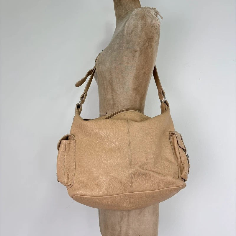 Slouchy cream leather cargo pocket satchel bag