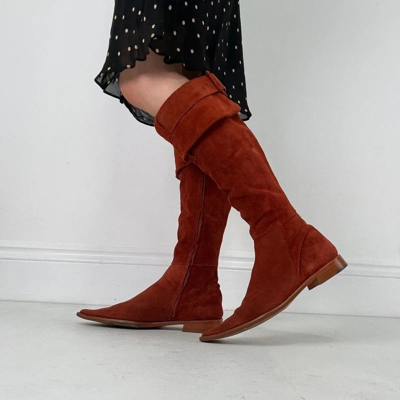 Pointed toe burnt orange suede buckle 70s boots