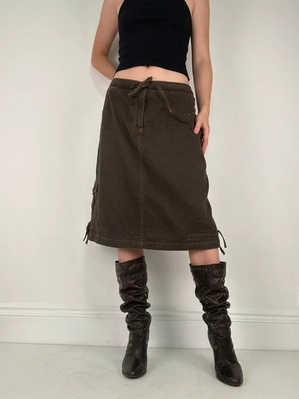 brown khaki pinstripe a-line midi skirt