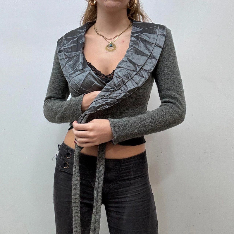 knitted cross-over frilly lace croped cardi