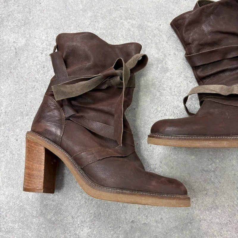 Chunky brown leather wrap around boots