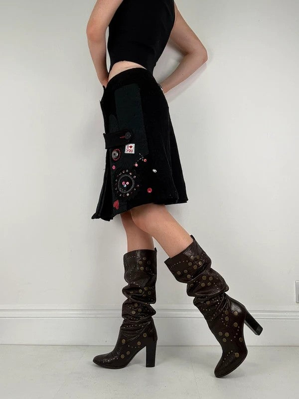 Flared black wool abstract button midi skirt