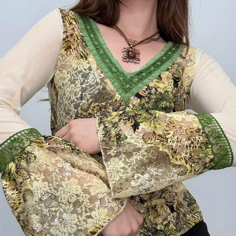 khaki flared lace boho shirt