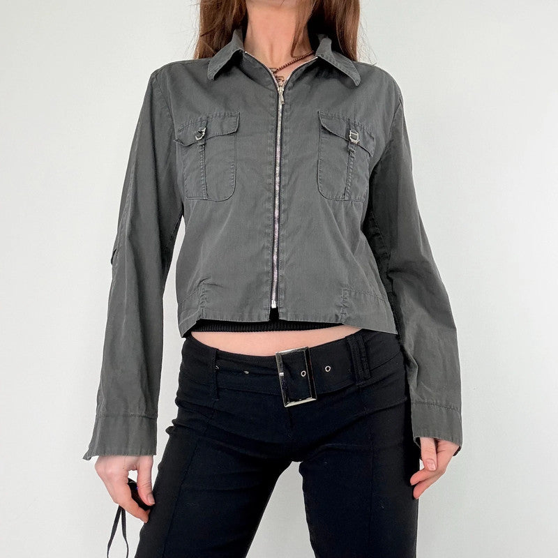 khaki zip through cropped utility jacket