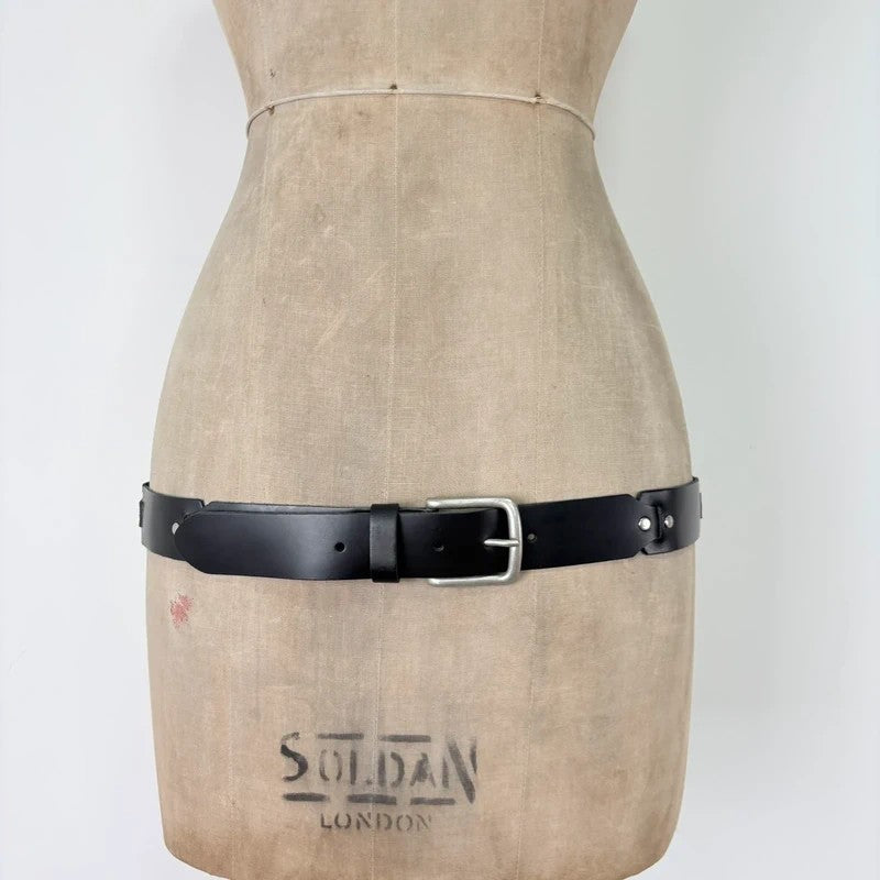 Black leather silver link belt