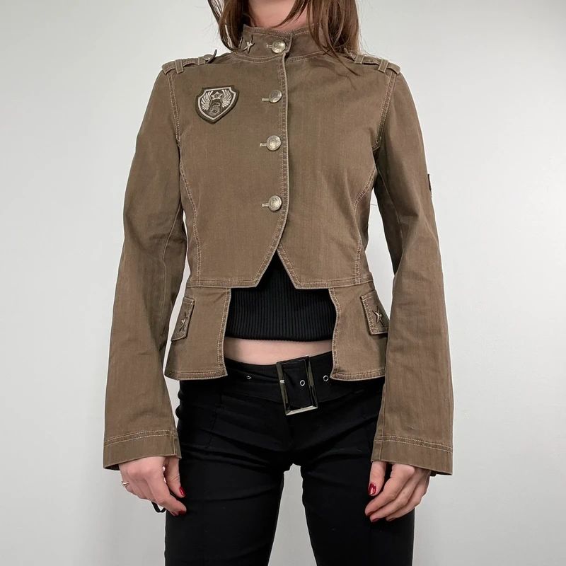 Khaki asymmetric fitted military jacket