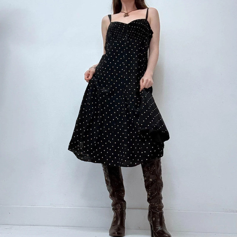 black polkadot flared flutter midi dress