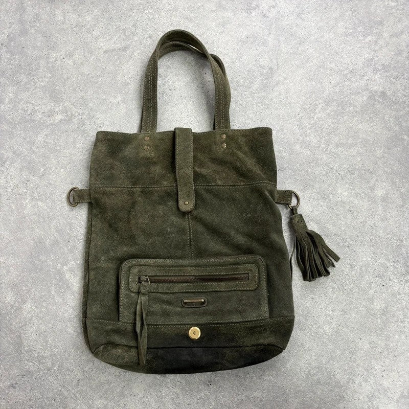 Khaki green suede leather tassel tote bag