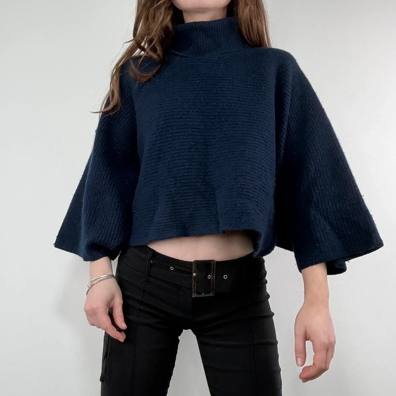 blue wool ribbed cape batwing jumper