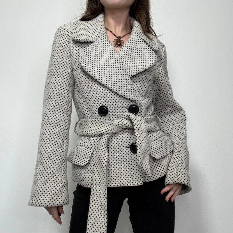 cream wool polkadot flared pea coat