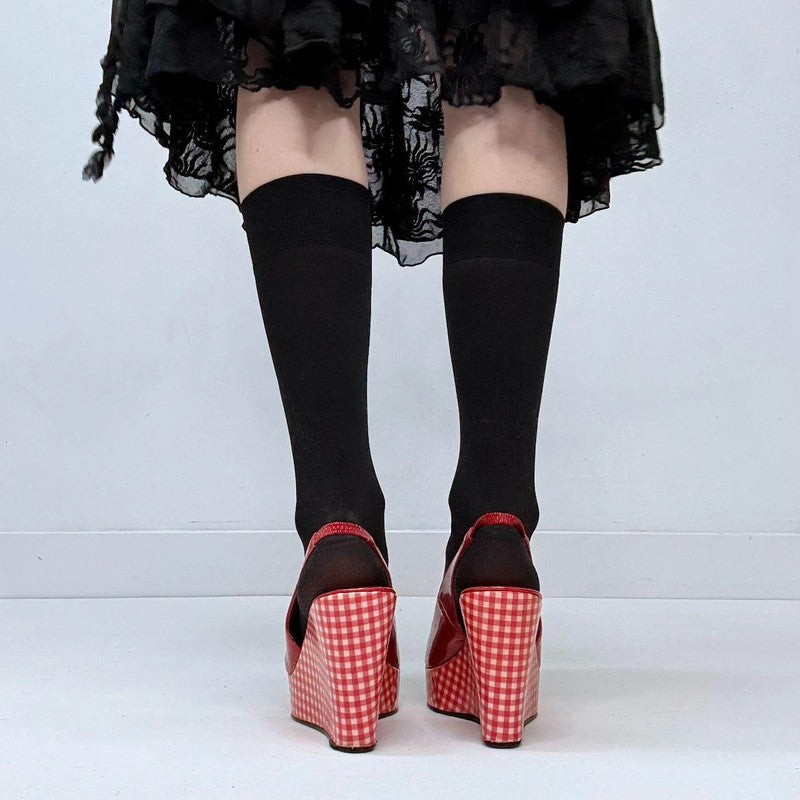 red gingham wedge heels
